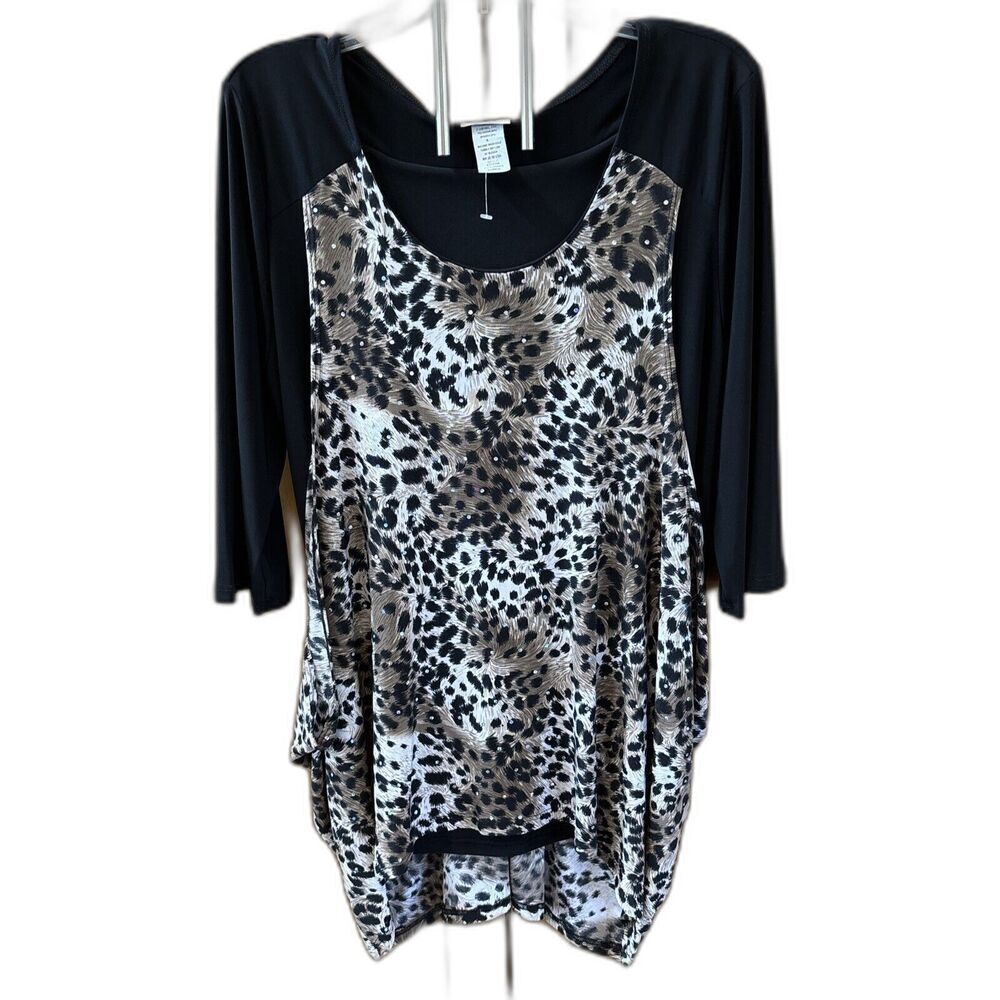 Caribe Women 3/4 Sleeve Animal Print Tunic Top Overlay XL Black Base Top Sparkle